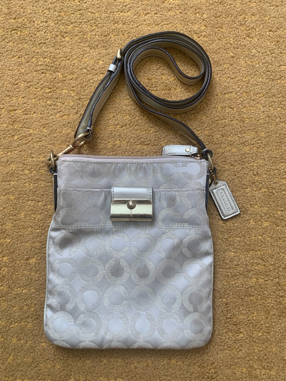 Coach Light Gray & gold Signature Crossbody Bag with Gold Hardware